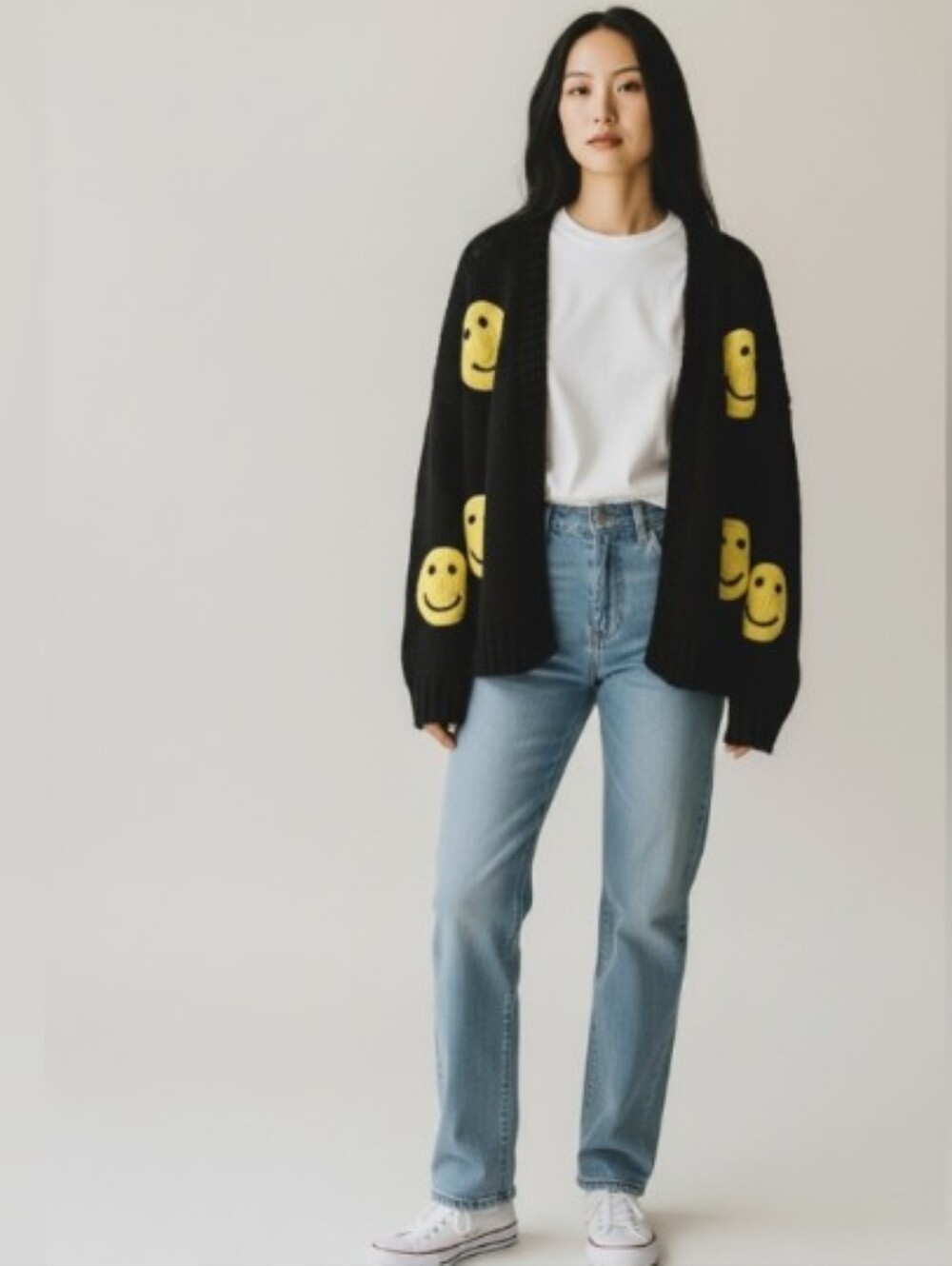 Black Cardigan with Yellow Smiley Accents